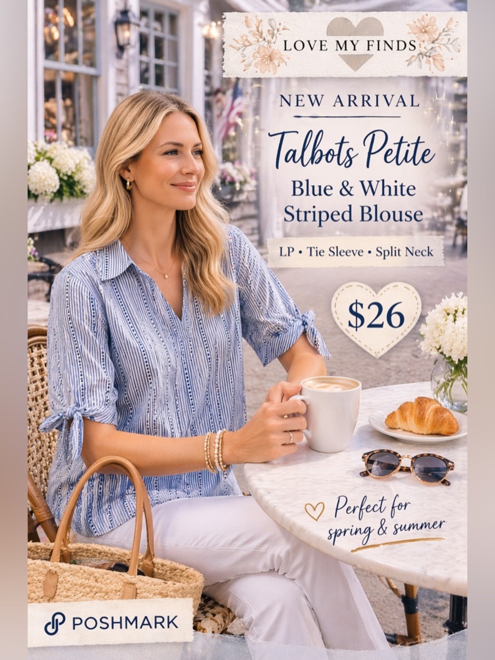 Talbots Petite Blue White Striped Blouse Tie Sleeve Top Preppy Nautical Shirt LP